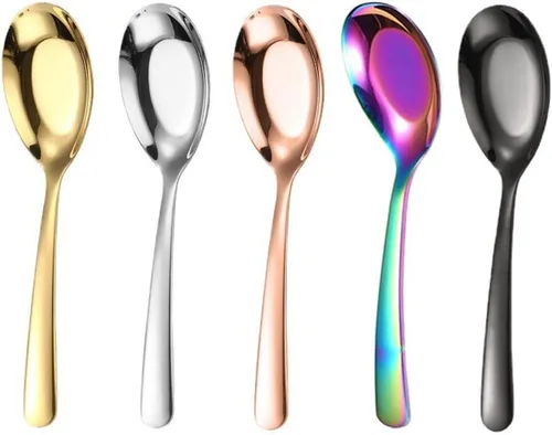 Vista 10 de 5 cucharas de sopa y postre de acero inoxidable con acabado espejo para sopa, arroz, té, leche, café y helado (dorado)