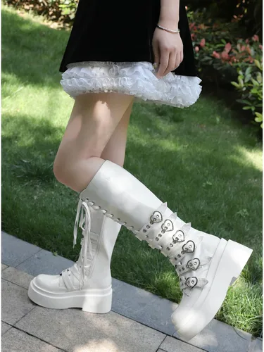 Vista 31 de Parisuit Botas góticas altas hasta la rodilla con hebilla de plataforma para mujer, tacón alto grueso, con cordones, botas de combate punk, con Negro