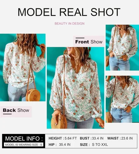 Vista 3 de SHEWIN Blusas sueltas de manga larga con cuello en V y estampado floral para mujer