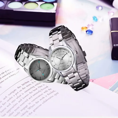 Vista 3 de Reloj analógico de cuarzo para mujer, con correa de acero inoxidable, resistente al agua, con números romanos y diamantes de imitación