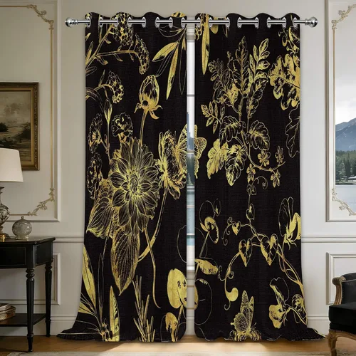 Vista 10 de Cortinas opacas negras y doradas, cortinas modernas de mediados de siglo para dormitorio, sala de estar, 63 pulgadas de largo, juego de 2 paneles