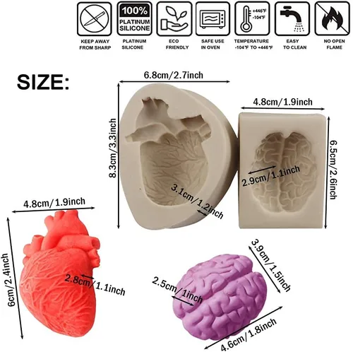 Vista 3 de WYD 2 piezas de molde de mousse de helado de corazón humano y cerebro 3D DIY Halloween órgano sorpresa molde de silicona para fondant de dulce