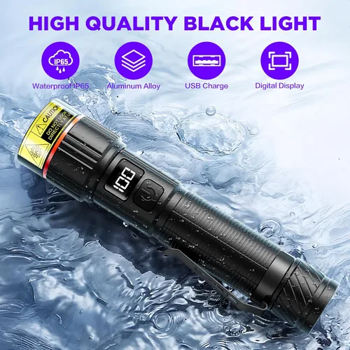 Vista 5 de Linterna UV WdtPro de 395 nm súper brillante, luz negra recargable con pantalla LCD, luz UV IP65 zoomable con clip, potente luz negra portátil