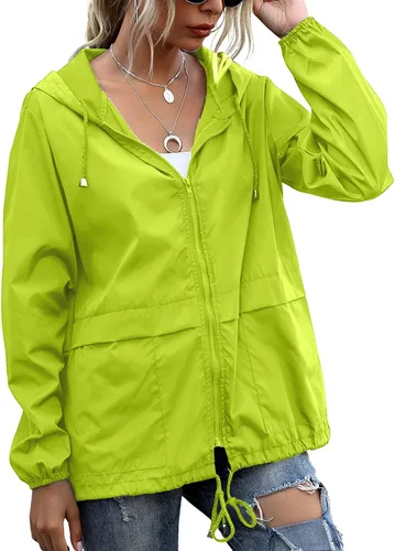 Vista 22 de PESION Chaqueta impermeable ligera para mujer, rompevientos con capucha y bolsillo para exteriores Verde militar