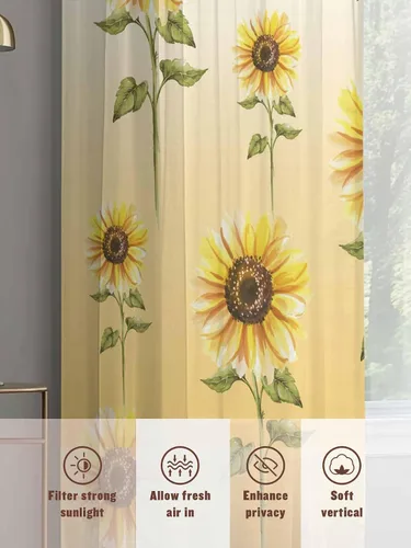 Vista 7 de Juego de 2 paneles de cortinas de girasol de 63 pulgadas de largo, cortinas traslúcidas amarillas con bolsillo para barra, cortinas de cocina