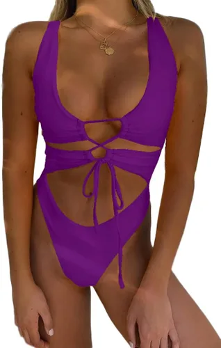 Vista 18 de Traje de baño sexy de una pieza con recortes, encaje, espalda descubierta y corte alto monokini para mujer Azul bebé
