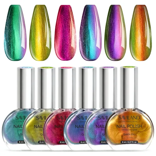 Vista 9 de SAVILAND - Juego de esmaltes de uñas perlado: secado rápido, 12 ingredientes libres, esmalte Aurora, 6 colores brillantes, morado, rosa, azul