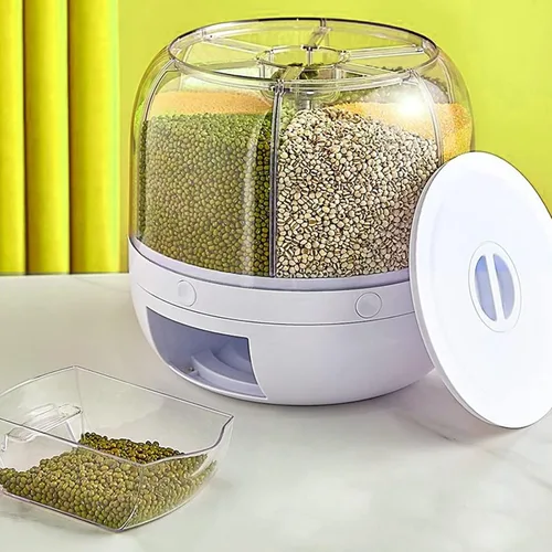 Vista 4 de Dispensador de cereales giratorio para encimera, recipientes de grano con 6 compartimentos, ideal para almacenamiento de lentejas, arroz, frijoles
