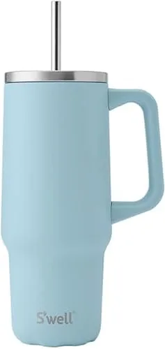 Vista 19 de S'well Vaso de acero inoxidable reciclado XL con popote y asa, 40 onzas, azurita, contenedor aislado al vacío de triple capa mantiene las bebidas
