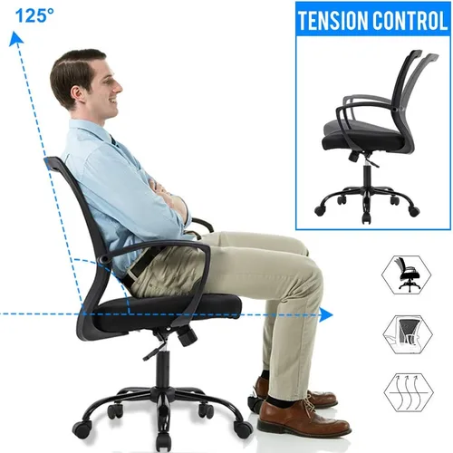 Vista 4 de Silla de oficina ergonómica de malla para computadora BestOffice, con reposabrazos, soporte lumbar, respaldo medio, giratoria, ajustable, para Negro