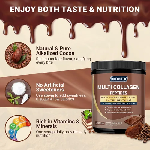 Vista 3 de DRFOSTER - Péptidos de colágeno de chocolate en polvo para mujeres y hombres, colágeno multitipo I II III V X con multivitaminas y minerales