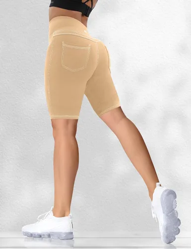 Vista 5 de VOOVEEYA Pantalones cortos de ciclismoyoga de cintura alta de 5"8" con bolsillos para mujer - Pantalones cortos de spandex para gimnasio que