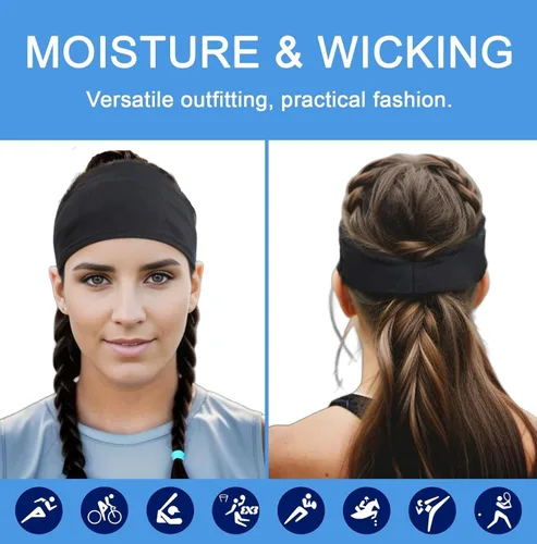 Vista 3 de Diadema negra de entrenamiento para mujer con agarre de silicona (paquete de 5) banda de sudor antideslizante para correr, ejercicio, gimnasio, yoga