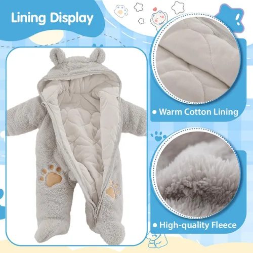 Vista 4 de Fairy Baby Traje de nieve para bebé recién nacido, con oso y mameluco de forro polar grueso, abrigo infantil para niñas y niños de 0 a 12 meses