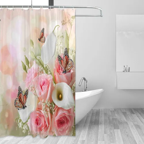 Vista 11 de MNSRUU Fabric Shower Curtain, Flowers and Butterflies Pink Waterproof Polyester Curtains with Hooks for Home Bathroom Decorative