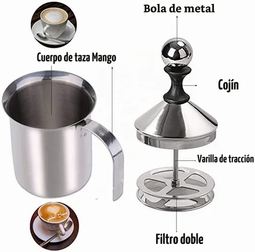 Vista 3 de Espumador manual de doble capa de acero inoxidable 304 para café con leche, etc. (14 oz)