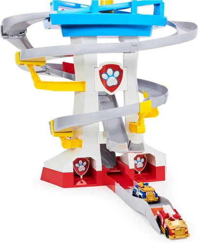 Vista 4 de Paw Patrol Adventure Bay Lookout Tower Playset con 2 vehículos de metal fundido a escala 1:55 (Chase y Marshall): Twin Track Rescue Way, set de 25