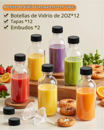 Vista 5 de Botellas de vidrio transparente de 2 onzas con tapas, paquete de 12 Recipiente de vidrio transparente de 2 fl oz, a prueba de fugas