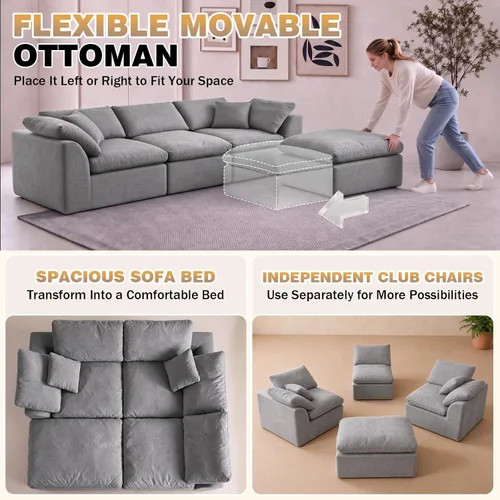 Vista 8 de Sofá seccional de nube sin hueso de 110 pulgadas para sala de estar, sofá modular en forma de L de gran tamaño con otomana, sofá seccional de Gris