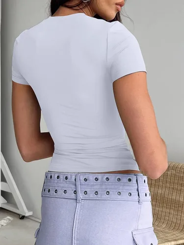 Vista 2 de Dwnval Camisetas básicas sexys para mujer, blusas de verano de manga corta con cuello redondo y ajuste entallado