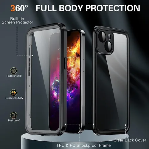 Vista 4 de Funda impermeable para iPhone 15, resistente, negro/transparente Lente y protector de pantalla integrados, protección de alta resistencia, 12 pies a