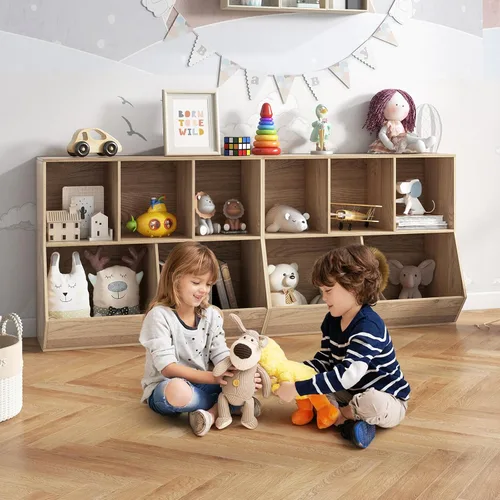 Vista 2 de Kids Bookshelf and Toy Organization,5 Cubby Open Wooden Playroom Organization and Storage, Toddler Bookshelf for Kid’s Room Bedroom Nursery