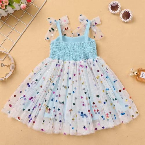Vista 4 de IMEKIS Vestido de princesa de cumpleaños para niña pequeña, confeti brillante, bohemio, arco iris, pastel, sesión de fotos, traje para 1-6T