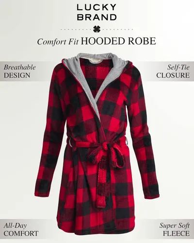 Vista 2 de Lucky Brand Bata de baño de forro polar con cuello de chal y cinturón para mujer con capucha