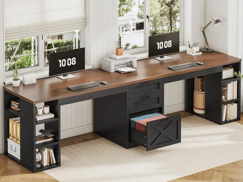 Vista 8 de SEDETA Farmhouse 96.5" 2 Person Computer Desk with Storage Drawers White and Brown