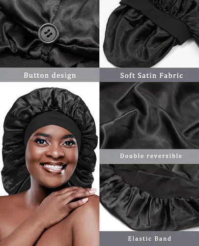 Vista 6 de AWAYTR Gorro largo de satén para mujer, gorro de seda de 2 capas para trenzas, gorro de dormir elástico con gorro de noche de banda ancha (negro)