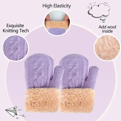 Vista 4 de Conjunto de bufanda y guantes de punto de invierno para niños y niñas con pompón