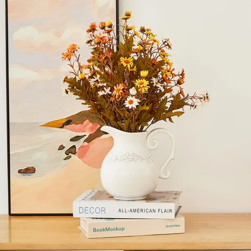 Vista 6 de Jarrón de Cerámica Blanco con Flor, Jarra de Cerámica de Granja para Decoración del Hogar, 18.5 cm de Altura.