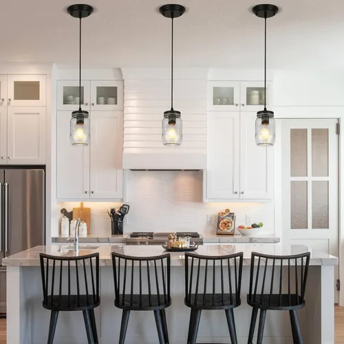 Vista 2 de Luces colgantes de cristal para isla de cocina, 1 luz negra colgante con pantalla de vidrio, lámpara colgante de tarro de masón