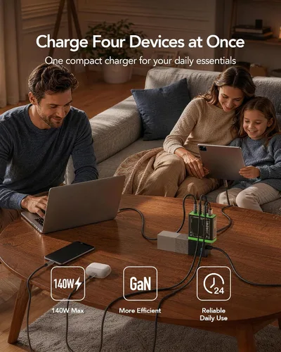 Vista 3 de Mfish E-Rhino - Cargador USB-C de 140 W, cargador rápido True PD 3.1 GaN, 4 puertos (3 USB-C + 1 USB-A) Adaptador de corriente plegable para MacBook
