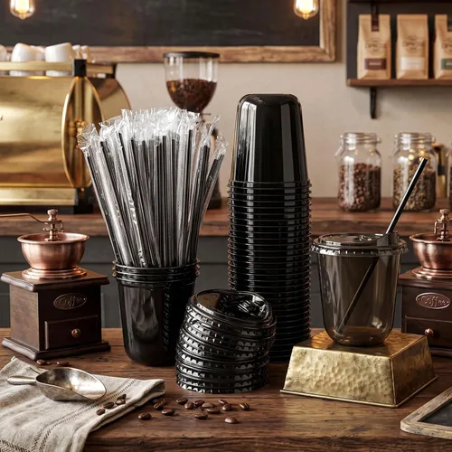 Vista 2 de Ziliny Paquete de 50 vasos de plástico transparente negro de 12 onzas con tapas y popotes, vasos desechables para mascotas, taza de café helado