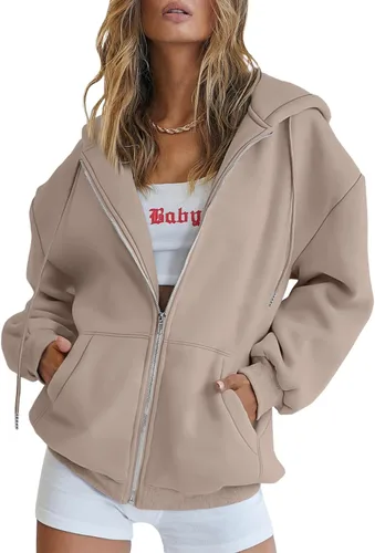 Vista 17 de EFAN Sudaderas con capucha lindas para mujer con cordón y cremallera, chaqueta de otoño de gran tamaño, sudaderas casuales con bolsillo Negro