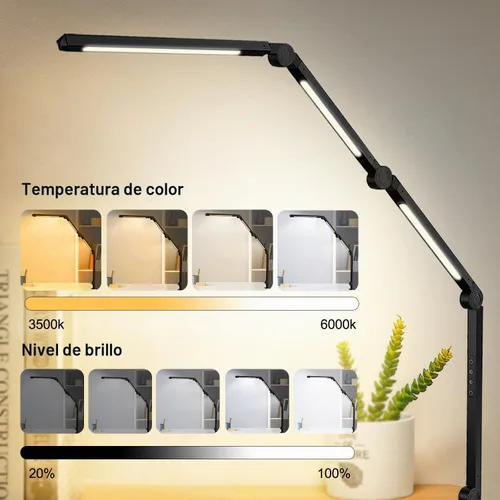 Vista 6 de Lámpara de escritorio LED con abrazadera y brazo flexible, 3 fuentes de luz, 4 modos de color y 5 niveles de brillo, luz de mesa con función
