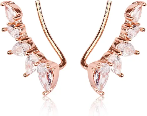 Vista 2 de RIAH FASHION Aretes brillantes con diamantes de imitación para oruga Delicado cristal cúbico para lóbulo de la oreja pétalo floral rama de hojas