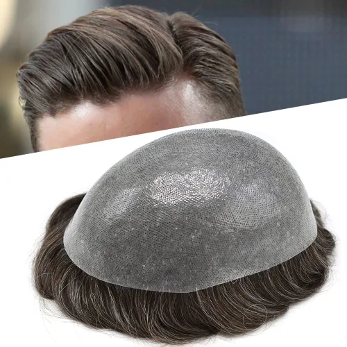 Vista 10 de PU Toupee para hombres pieza de pelo real sistema de reemplazo de cabello humano para hombres Toupee pieza de pelo para hombres piel polivinílica