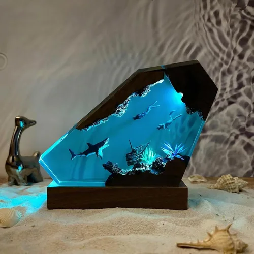 Vista 13 de Lámpara de Luz de Madera con Resina Epoxi Creativa del Océano, Lámpara de Océano Acuático Multicolor Hecha a Mano para Entusiastas del Buceo