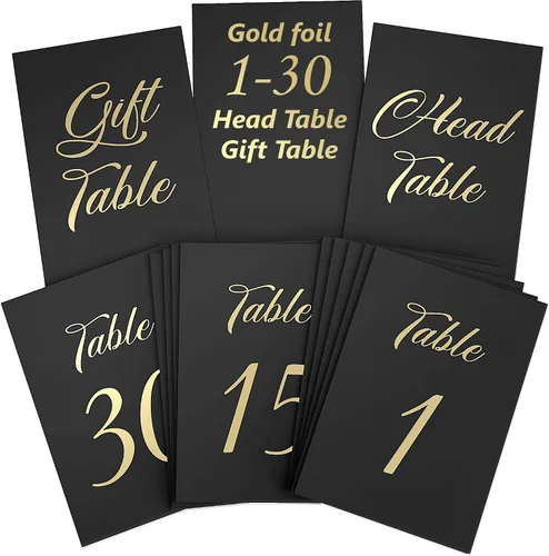 Vista 4 de Números de mesa negros del 1 al 30 con letras doradas y 30 soportes dorados para números de mesa