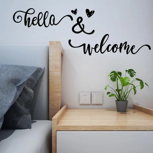 Vista 4 de PLIGREAT Calcomanías de pared con texto en inglés "Hello & Welcome Quotes", calcomanías de pared de vinilo removible para el hogar, oficina, lugar