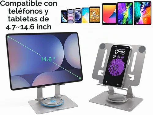 Vista 8 de Soporte para tablet para escritorio, soporte ajustable para tableta de escritorio, tableta plegable con base giratoria de 360 grados para iPad Pro