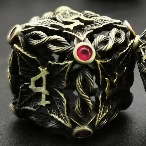 Vista 2 de Juego de dados de metal con hojas de vid mágicas huecas, juego de 7 dados para juegos de rol, dados de D&D Dungeons and Dragons