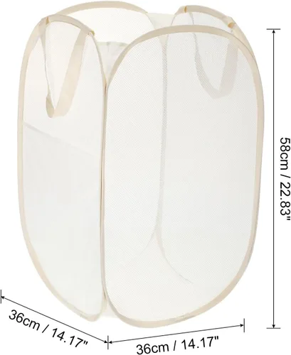 Vista 2 de PATIKIL Cesta de malla para lavandería, bolsa plegable con asas para lavandería, viajes, color beige