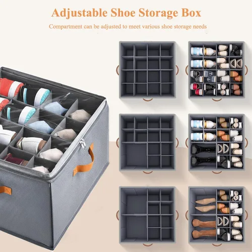 Vista 4 de Caja organizadora de zapatos plegable para armario y debajo de la cama, divisores ajustables, capacidad para hasta 16 pares, apilable, gris