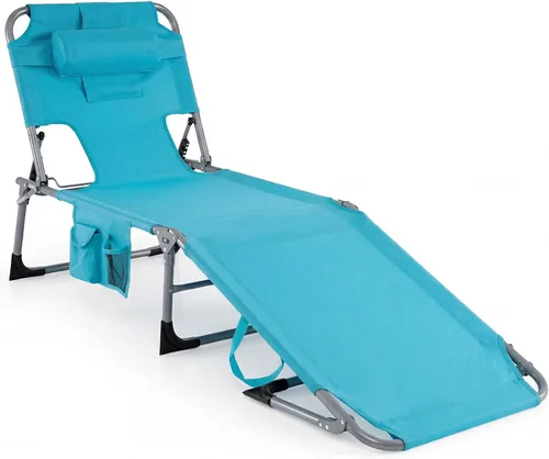 Vista 10 de Tangkula Silla de Bronceado con Orificio para la Cara, Silla Reclinable Plegable y Ajustable para Patio, Playa, Tomar el Sol con Bolsillo Lateral