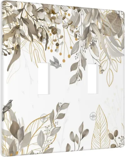 Vista 2 de Cubierta decorativa para interruptor de luz de eucalipto tostado, placa de pared de doble palanca, acuarela, hojas marrones, planta con cubierta