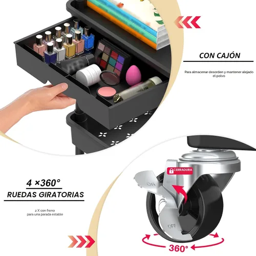 Vista 2 de Goovilla Organizador de carrito utilitario de 3 niveles con cajón extraíble, carritos de almacenamiento rodantes negros estables y resistentes con 2