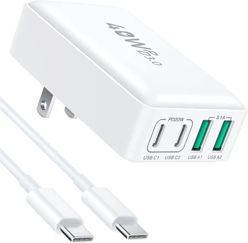 Vista 8 de Bloque de cargador USB C, 40 W, plano de 4 puertos, enchufe de pared USB de doble PD QC, adaptador de corriente de viaje de carga rápida multipuerto
